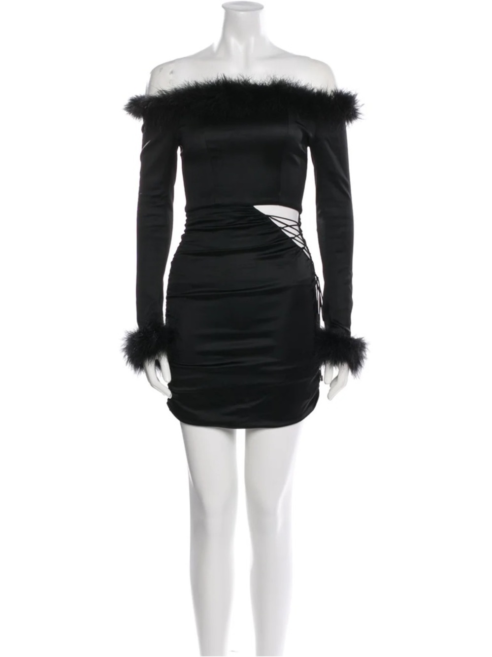 Nana Jacqueline Black Off-Shoulder Faux-Fur Trim Ruched Mini Dress